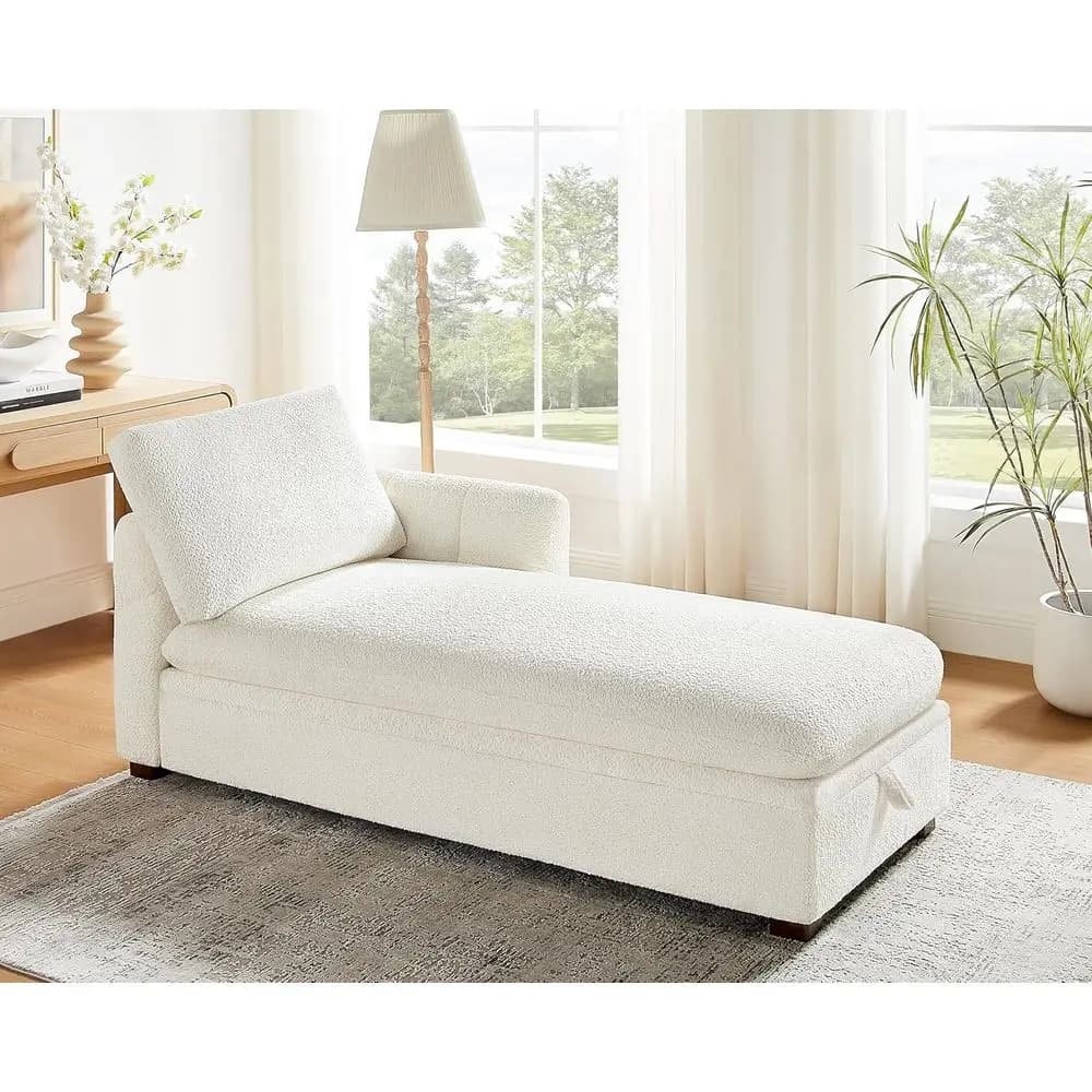Chaise Longue with Large Storage Space, Upholstered Sofa Bed, Reclining Armchair with Pillow Thickness for Living or Office, White