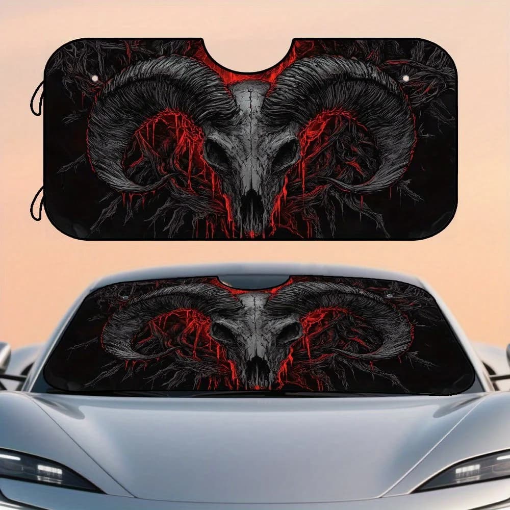 1pc Satanic Goat Art Pattern Car Windshield Sunshade - Durable Polyester Fiber, Black With Red Horns & Eyes Design, Fit For All