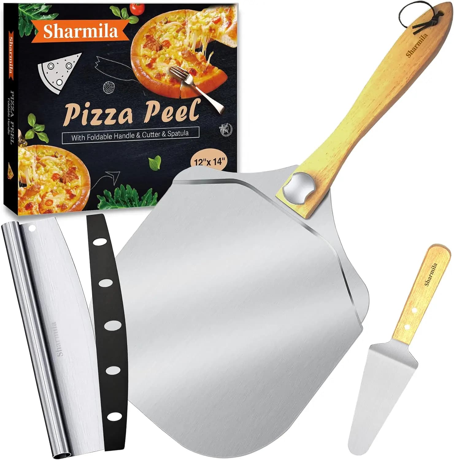 Pala per Pizza in Alluminio da 12 Pollici con Manico Pieghevole in Legno, Taglierina e Spatola - Ideale per Cottura al Forno e Impasto