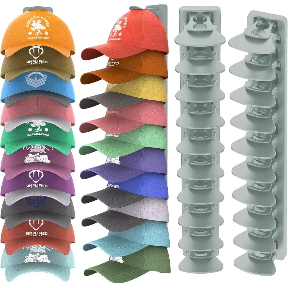 Organizzatore per Cappelli da Baseball, Set di 2 Supporti da Parete, Espositore per Cappelli con Adesivo Forte (Grigio)