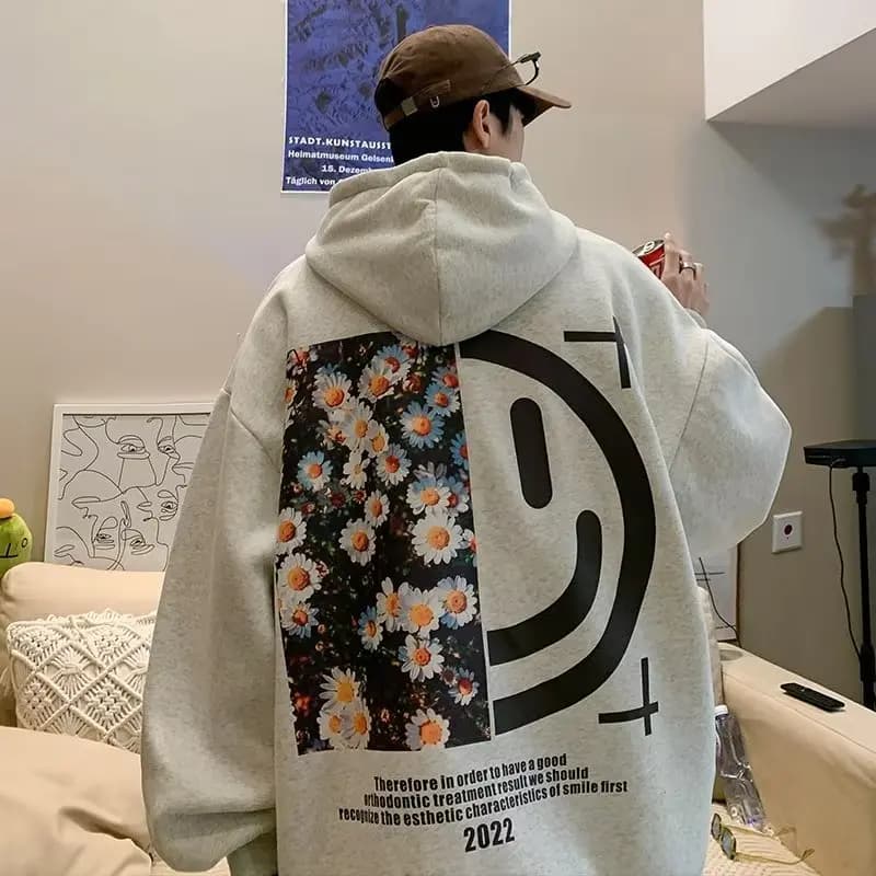 Felpa con Cappuccio Oversize da Uomo Autunno Inverno, Giacca Trendy Stile Hong Kong con Stampa Cartoon, Felpa Casual Pesante Streetwear
