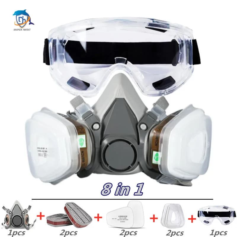 Nuova maschera antigas antipolvere 8 in 1 6200 con occhiali di sicurezza Respiratore antigas a mezza faccia per verniciatura a spruzzo Lucidatura Sicurezza sul lavoro