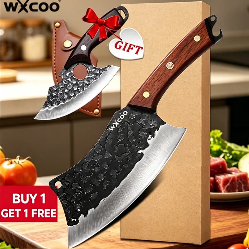 WXCOO Coltello da cucina multifunzionale con apribottiglie, mini coltello da regalo, coltello da macellaio forgiato a mano, coltello unico con manico in legno