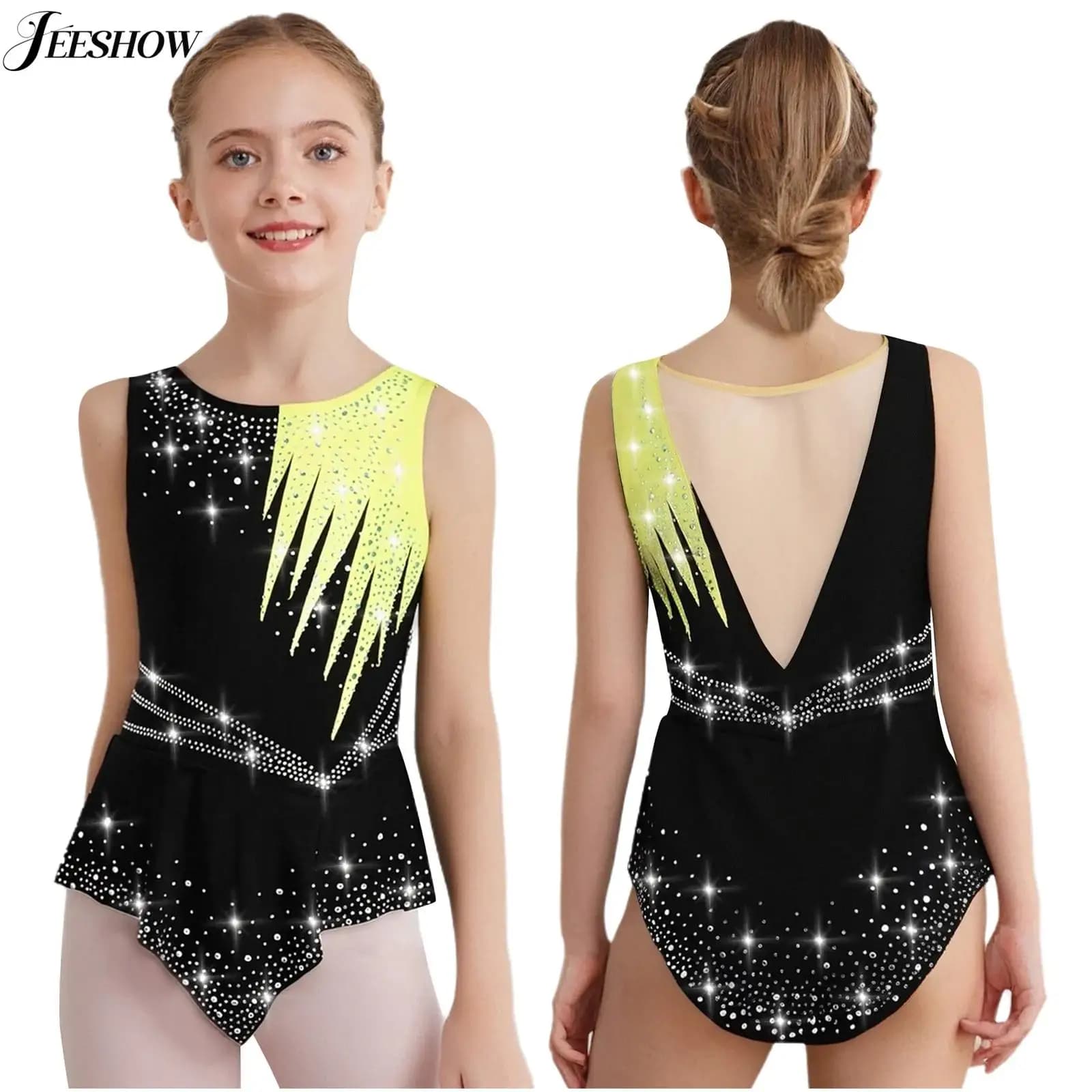 Body da ginnastica ritmica per bambina, strass lucidi, colore a contrasto, senza maniche, orlo irregolare, costume da ballo con gonna
