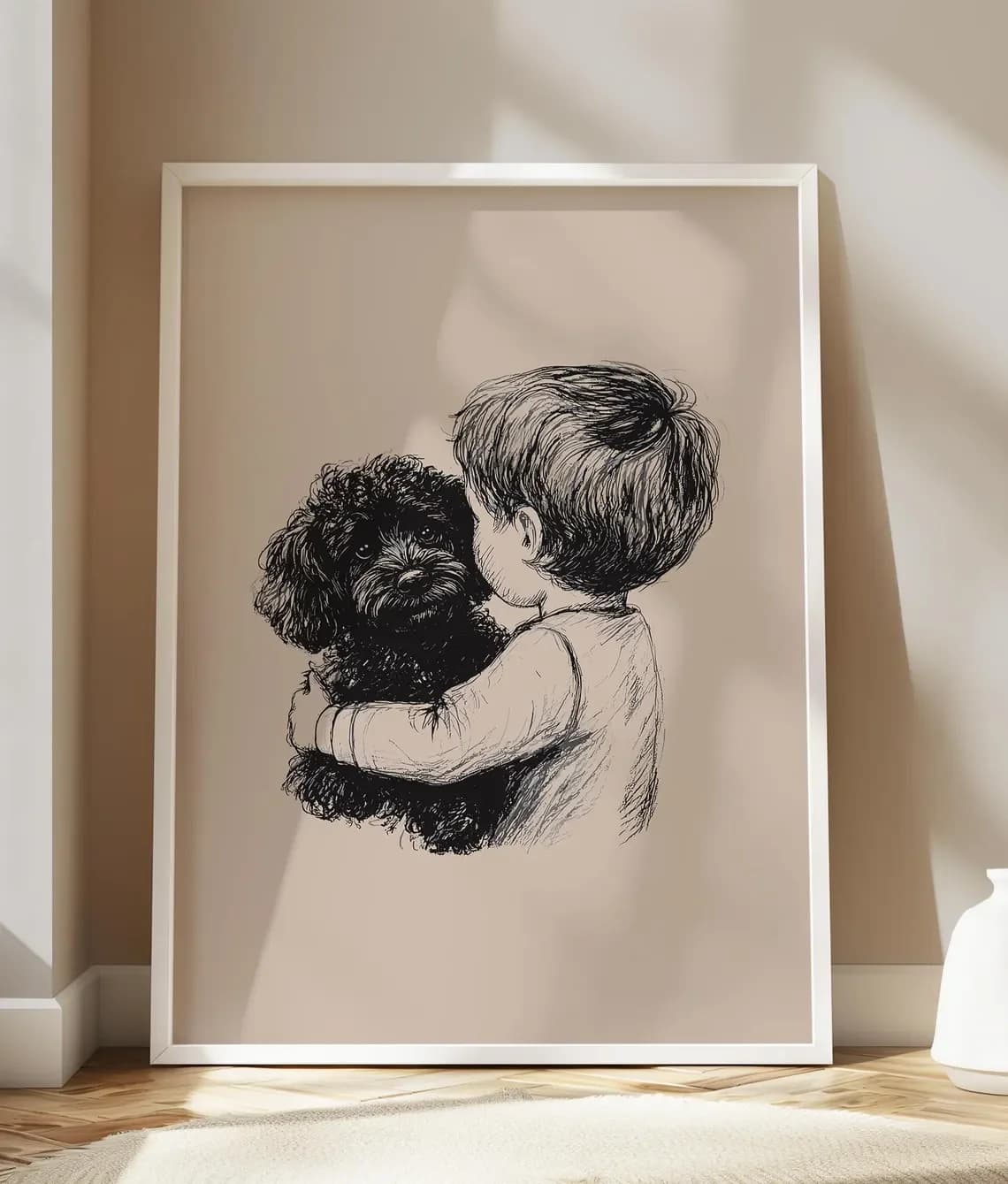 Decorazione da parete con stampa di un ragazzo e un cane che si abbracciano - Tenero schizzo a penna di un ragazzo che abbraccia un cane nero dal pelo riccio, realizzato con precisione