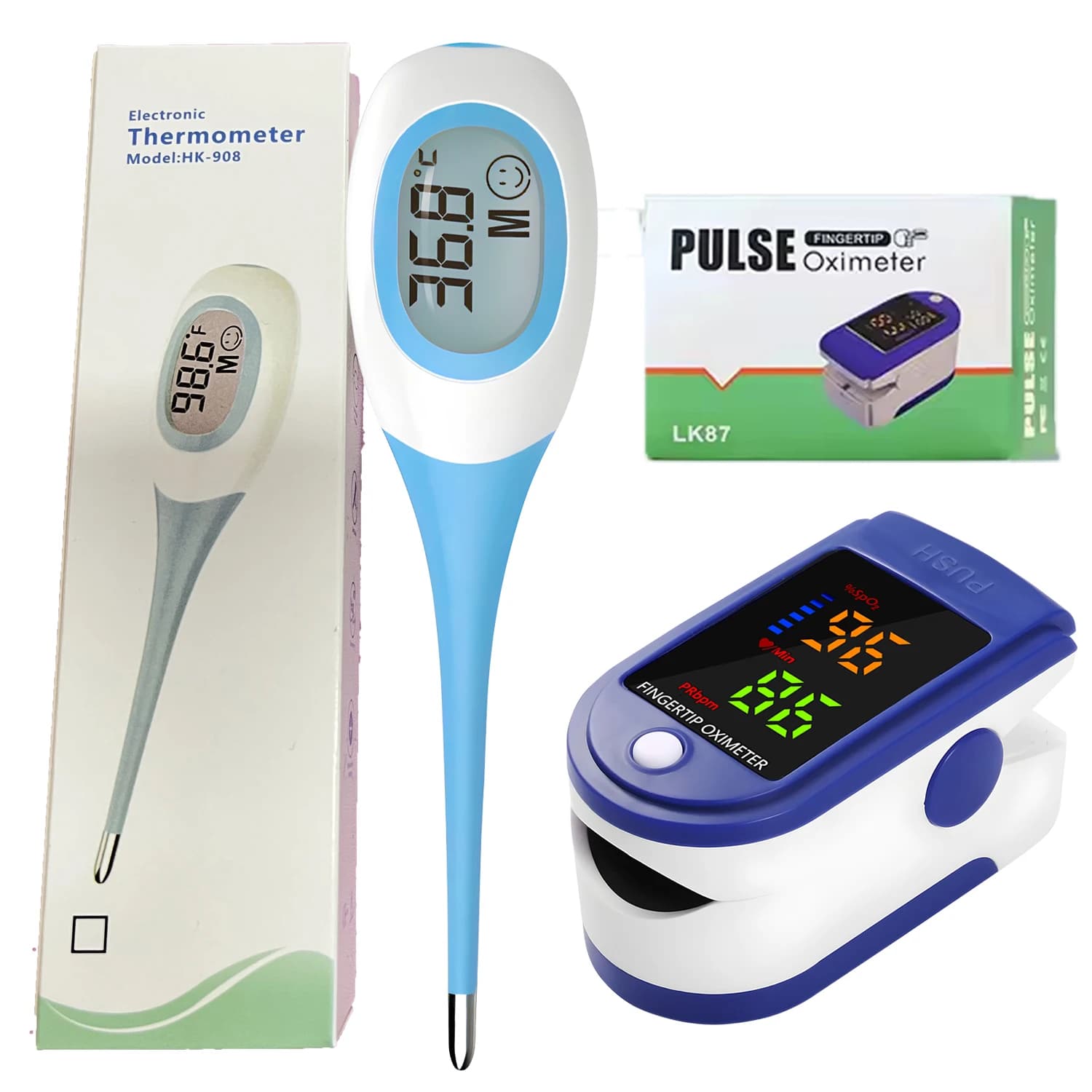 Digital medical thermometer for fever (oral base bath/axle/retal/infrared) + finger pulse oximeter - Family for infants and adults