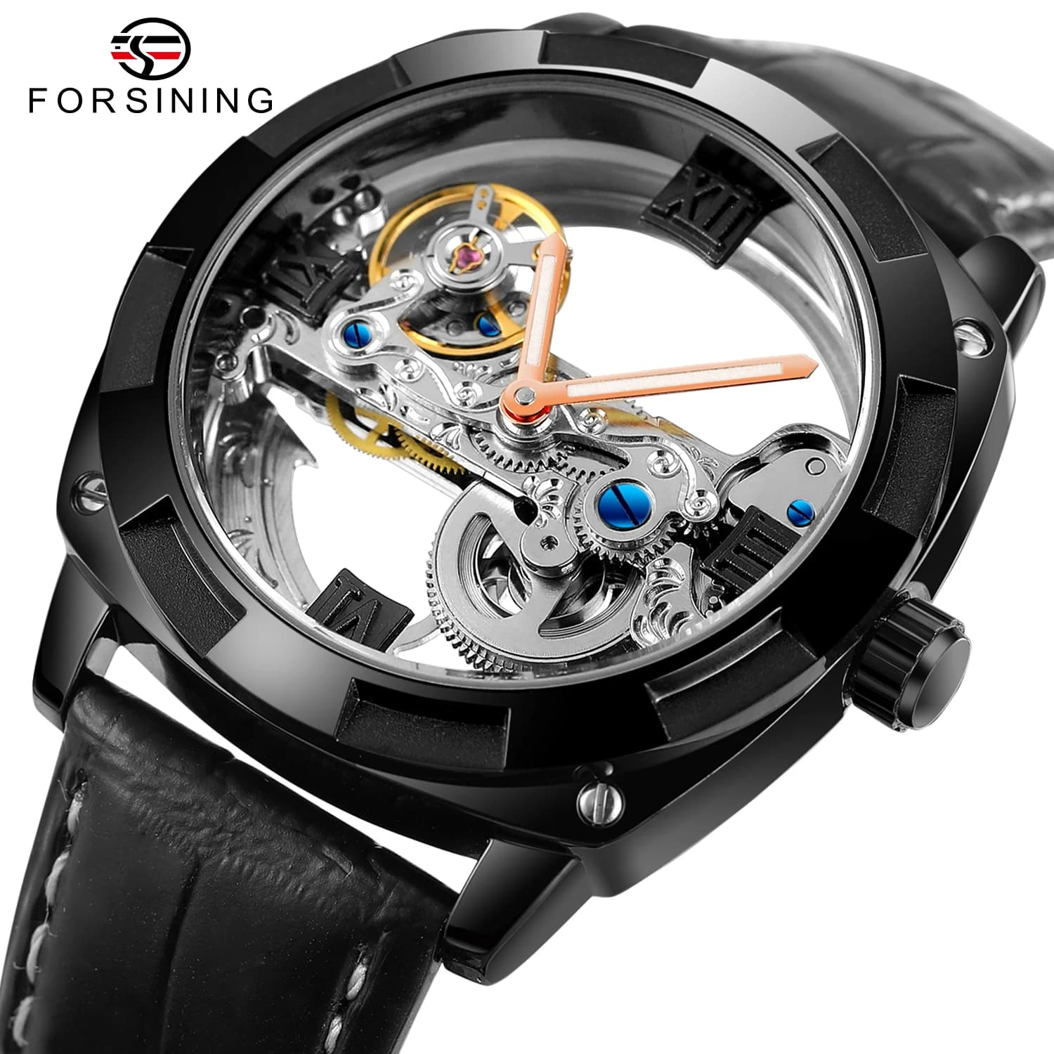 FORSINING Luxury Genuine Leather Men Watch Skeleton Automatic Mechanical Waterproof Luminous Pointers Carved Movement Male Clock