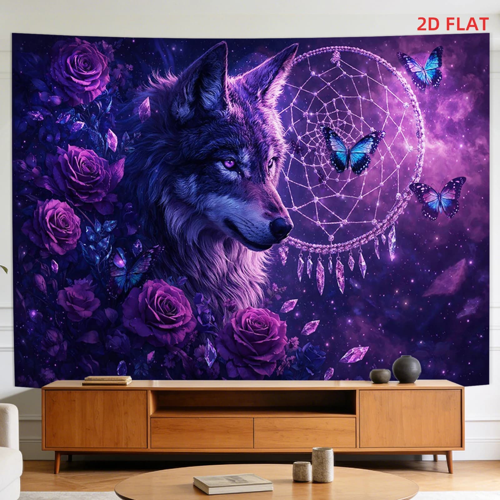 1pc Purple Galaxy Wolf Dreamcatcher Tapestry, Floral Rose Butterfly Wall Hanging for Bedroom Living Room Dorm Decor