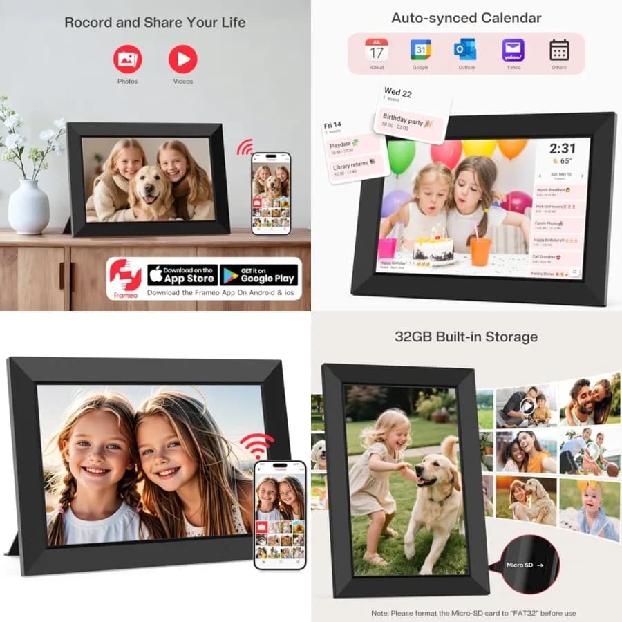 Cornice Digitale WiFi Frameo, Cornice Fotografica Elettronica Smart Cloud con Schermo Touch IPS HD, Presentazione con Rotazione Automatica, Memoria 32GB