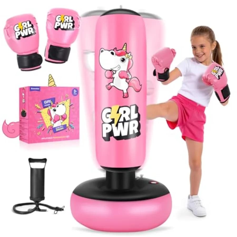 Sacco da Boxe Gonfiabile, 66 Pollici, con Guantoni da Boxe per Ragazze 3-12 Anni, Set da Boxe Stabile per Allenarsi a Karate, Taekwondo