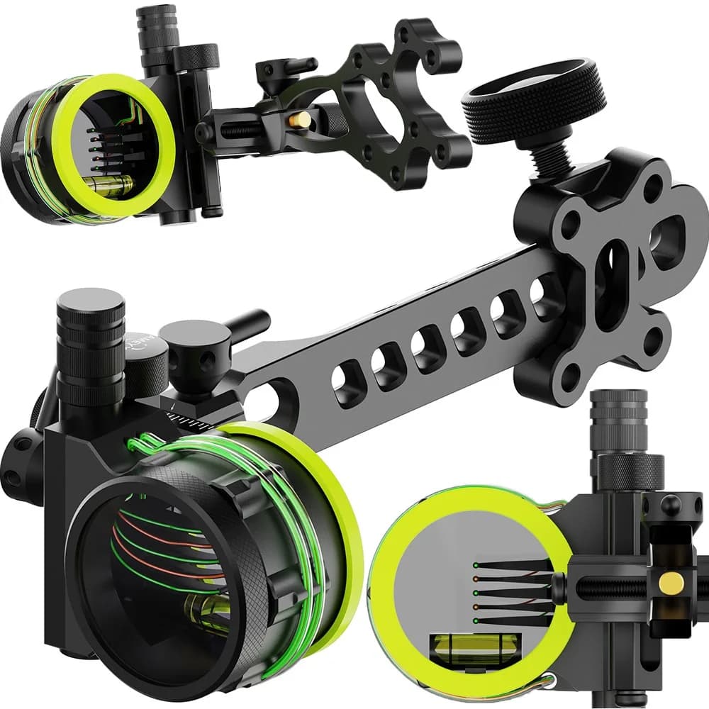 Mirino per Arco Compound a 5 Pin con Lente 4X/6X/8X e Faro, Fibra Ottica 0.019'' per Tiro a Segno e Caccia (Mancino/Destro)