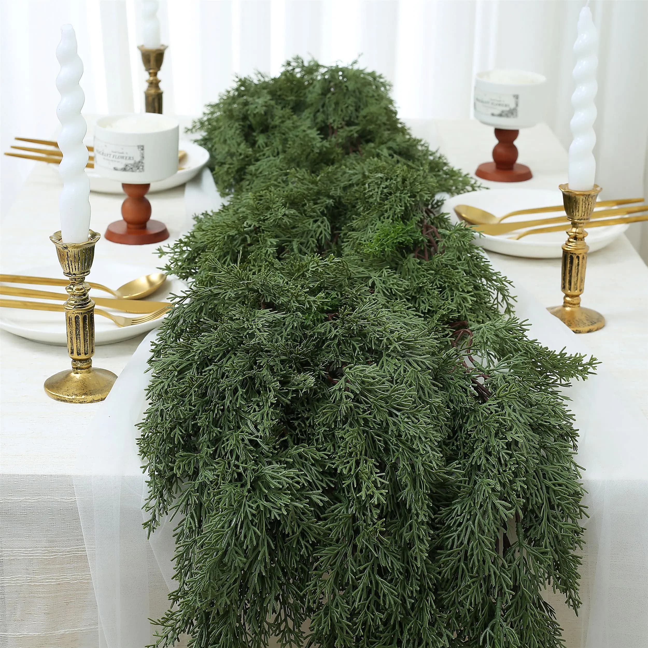180cm Artificial Cedar Garlands, Real Touch Winter Cedar Pine Garland, Green Artificial Greenery Garland for Table, Mantle, Wall Garden Decoration Artificial Plants