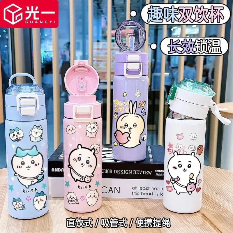 Borraccia Termica a Tema Kawaii Chiikawa, Doppio Uso con Cannuccia e Manico Portatile, Ideale per Pendolarismo Quotidiano e Scuola