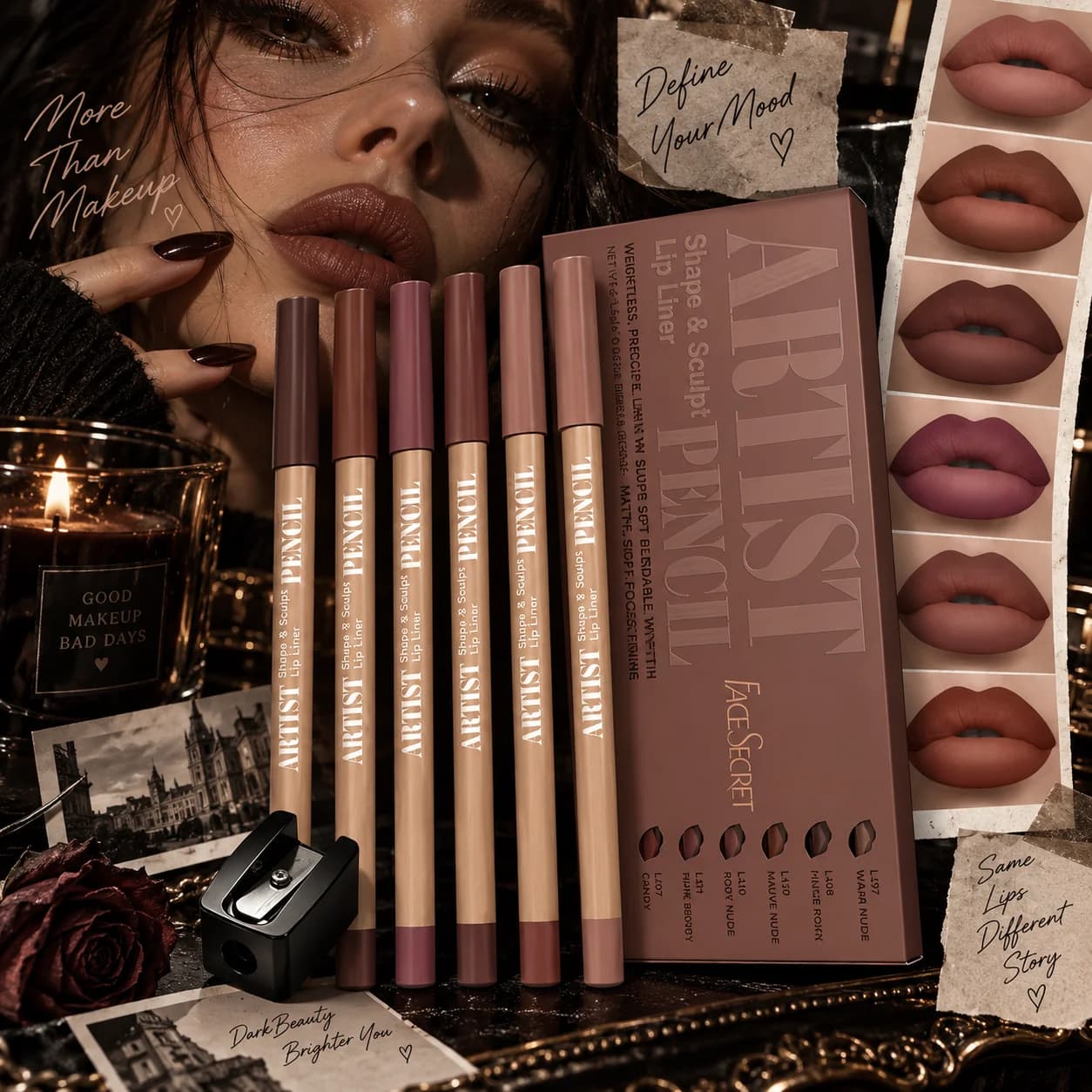 6 Colors Lip Liner Pencil Set+1 Sharpener, Waterproof Matte Lip Contour Makeup Pencil, Long Lasting Smooth Lip Definer for Wo