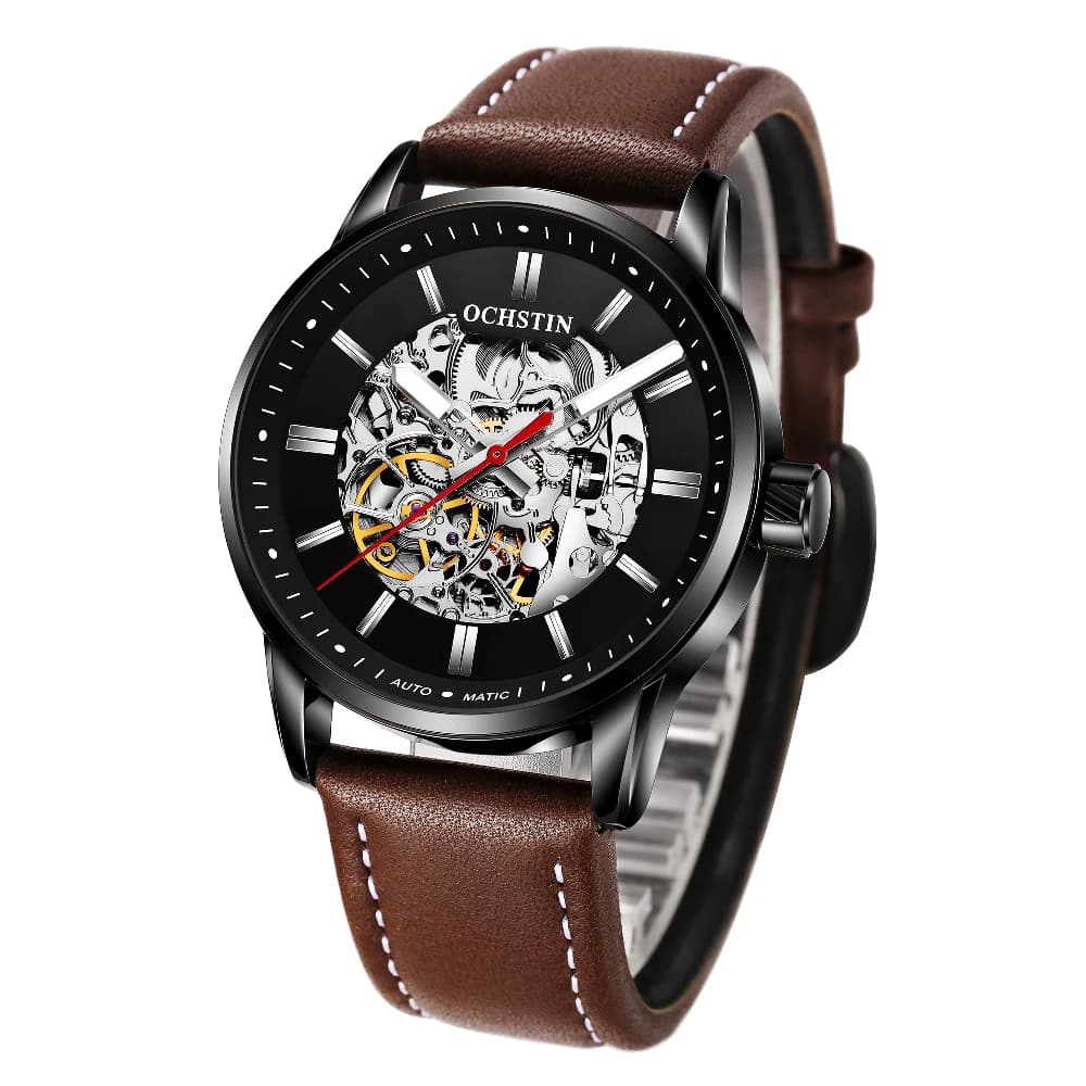 OCHSTIN Mechanical Watch Men Skeleton Steampunk Automatic Self Wind Classic Leather Strap Luminous Male Wristwatch Reloj Hombre