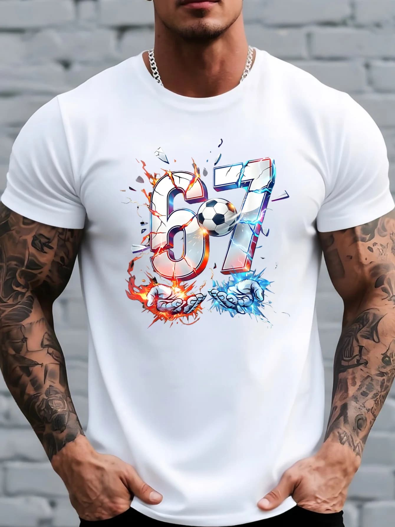 T-shirt da uomo Six Seven con stampa meme, design a tema calcistico con pollice in su e stile street casual, a maniche corte e girocollo, Com