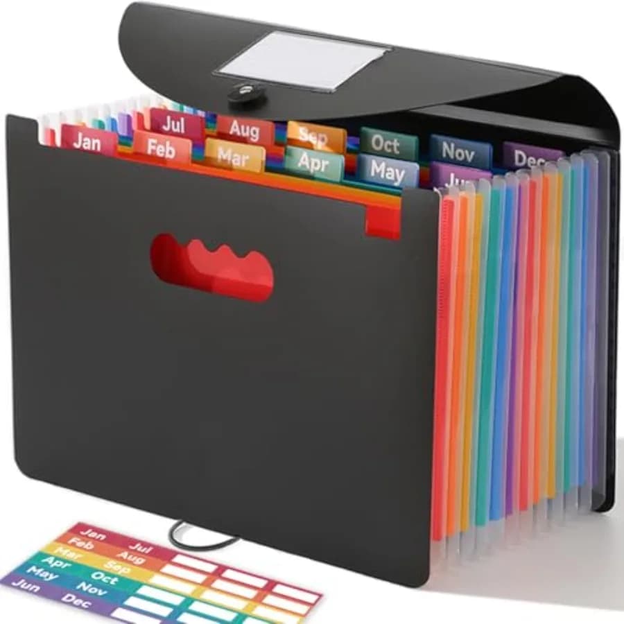 Accordion File Organizer 12 Pockets, Monthly Bill Receipt Tax Organizer, Expanding File Folders with Larger Bright Tabs, Fits L