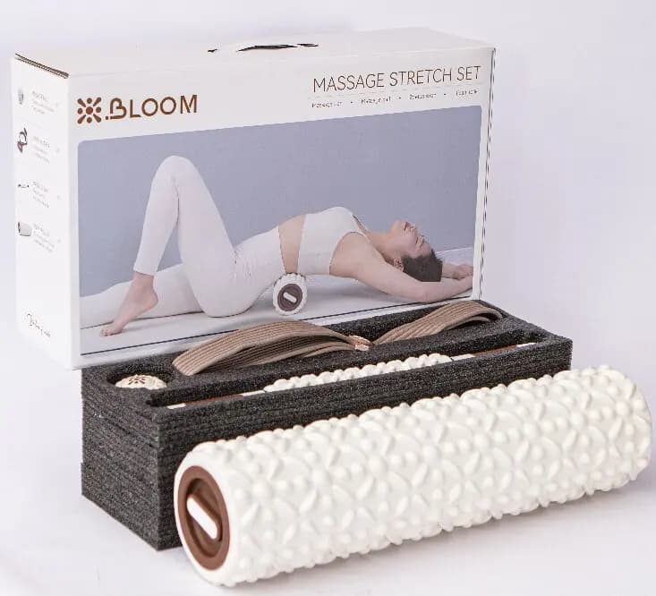 Set of yoga rollers for muscle massage in foam 4 in 1, massage stick, elastic strap, massage ball with gift box