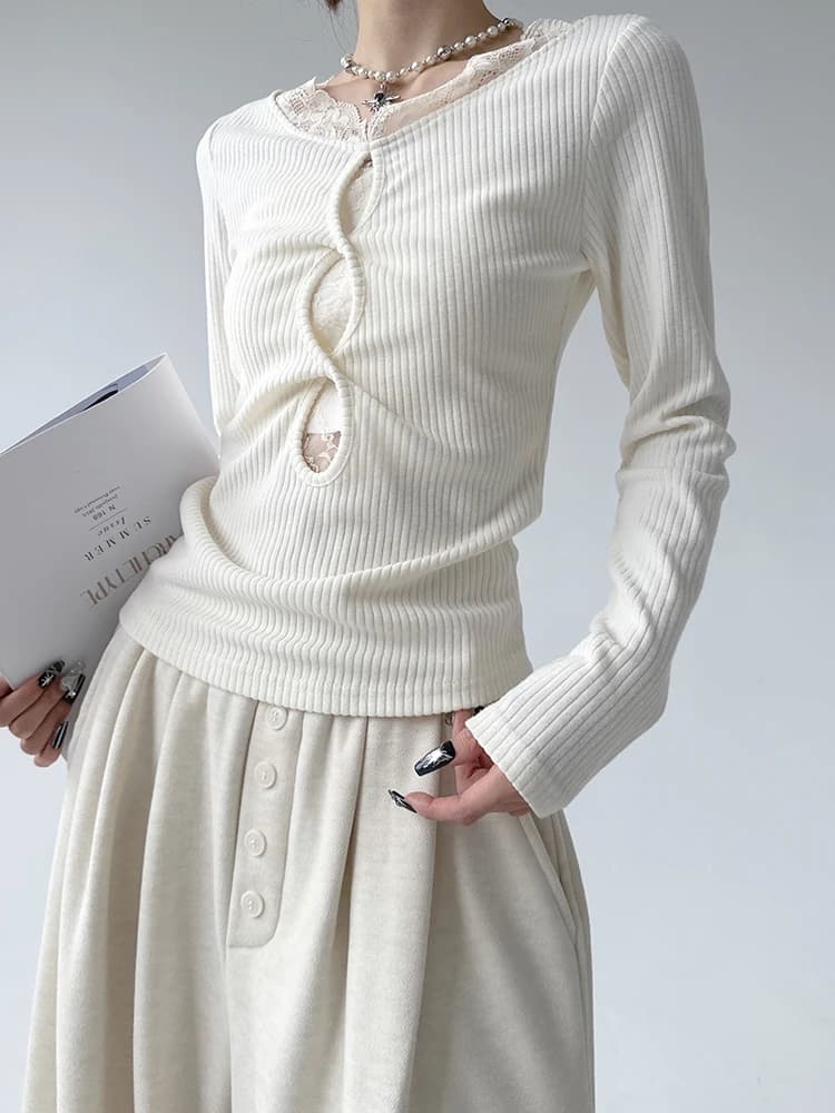 Design Sensation Lace Splicing Hollow V-neck Knitted Sweater Women's Autumn Winter Sweet Spicy Girl Personality Slimming Base...
