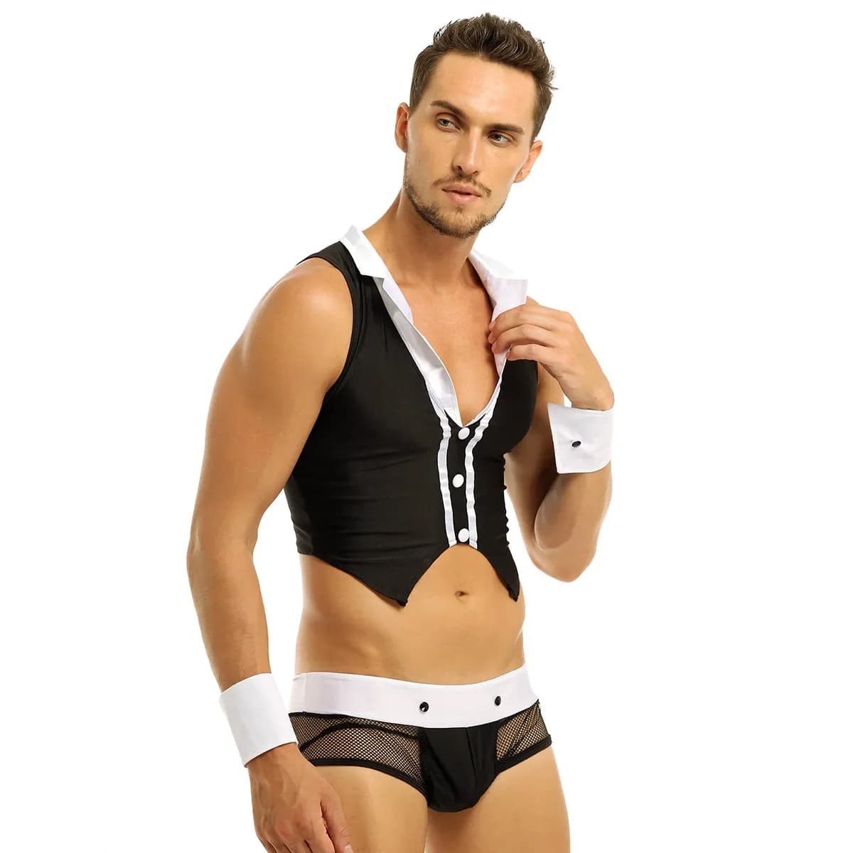 5 pezzi da uomo sexy cameriera gioco di ruolo costume abiti top boxer intimo con colletto manette set lingerie coustume outfit set sexy