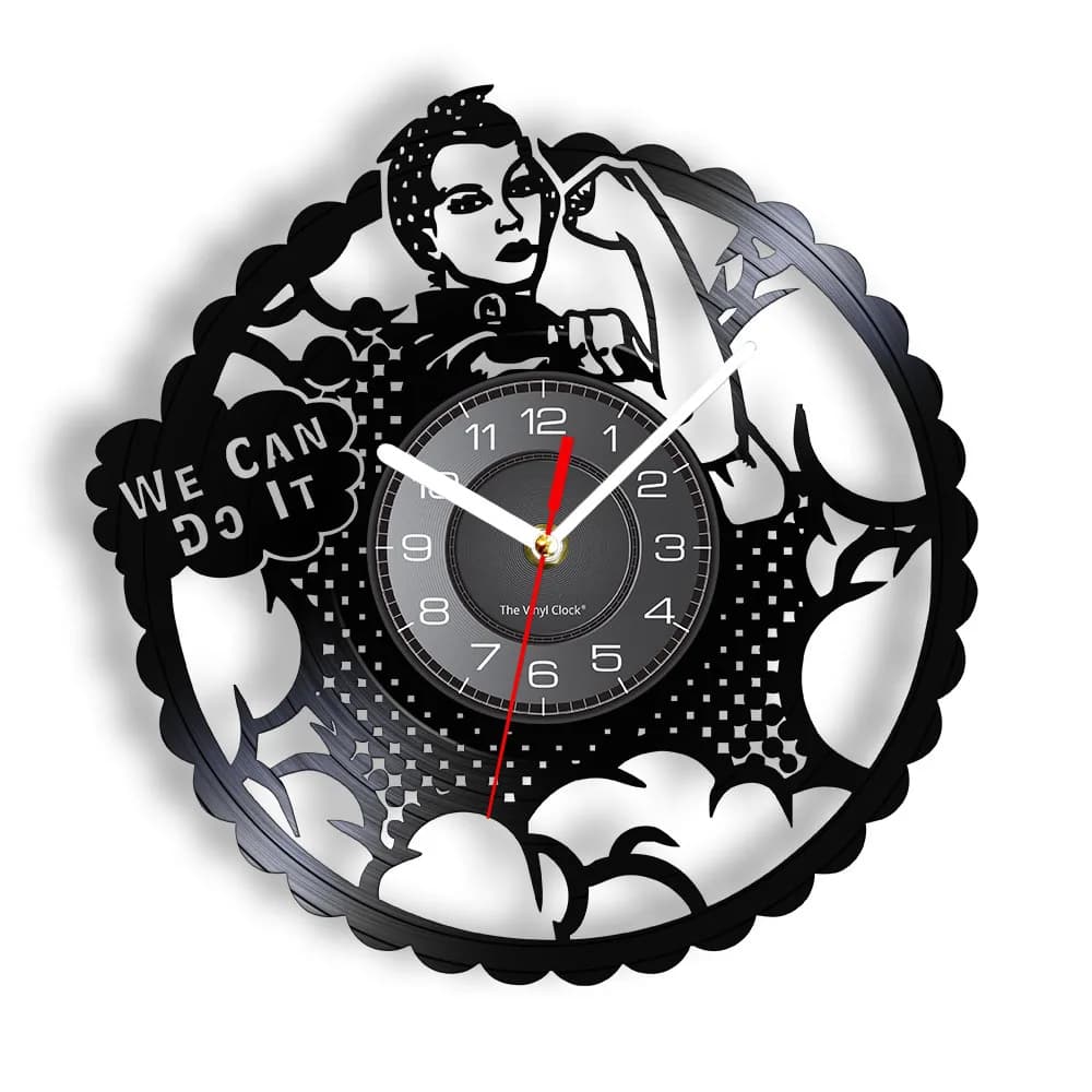 Orologio da Parete Moderno in Vinile con Scritta 'We Can Do It Girl Power Rosie the Riveter' - Decorazione Femminista per la Casa
