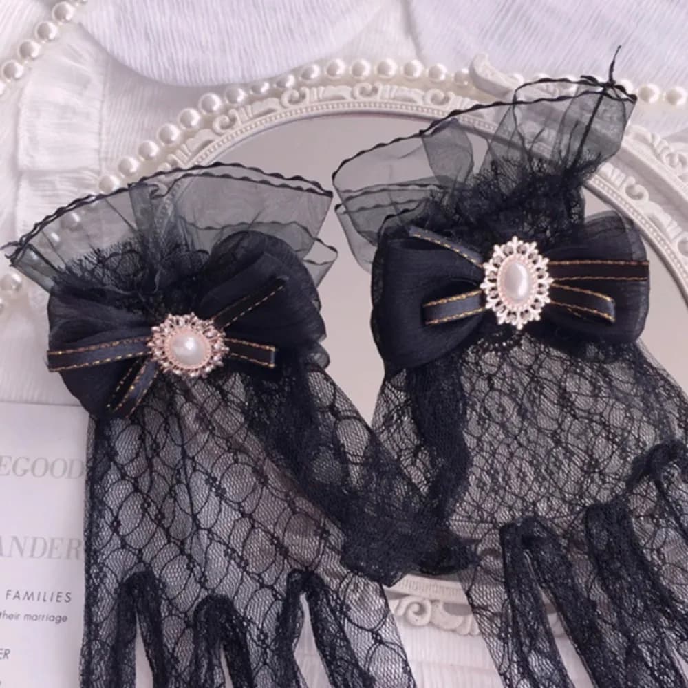Nuovi Guanti Gotici in Pizzo Nero e Bianco, Morbidi Guanti in Rete con Fiocco, Guanti in Pizzo Floreale per Cosplay
