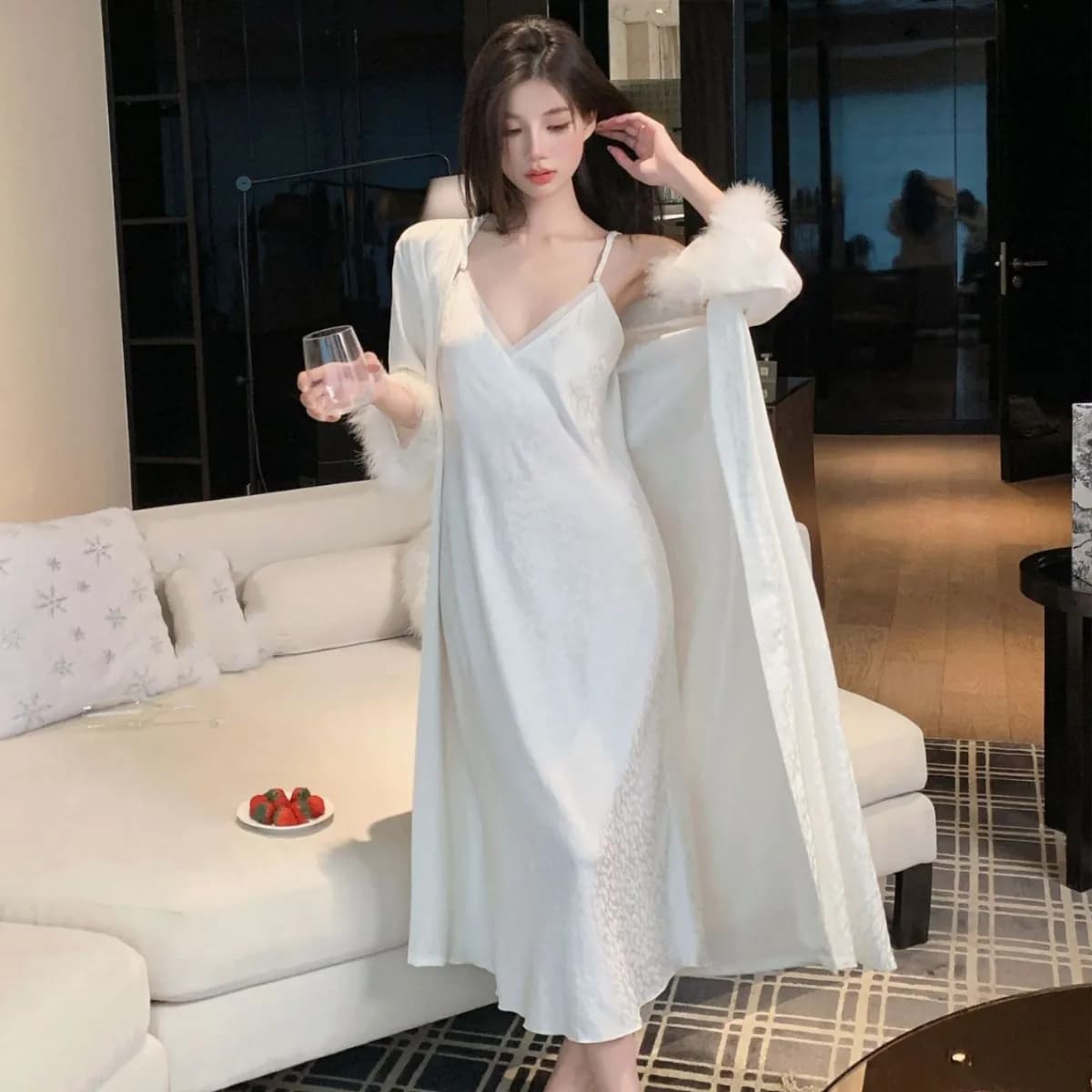 Female Long Robe Nightgown Set Sexy Fur Cuff Leopar Jacquard Satin Sleepwear Suspender Nightdress Casual Home Dress Bathrobe