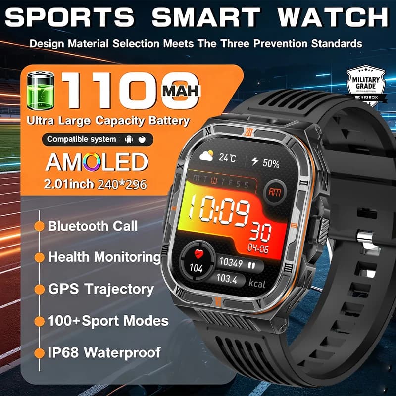 New Man's Smartwatch 2026 with 1100mAh Integrated Battery, External GPS, 2.01" AMOLED Screen, 3ATM Waterproof, BT Calls