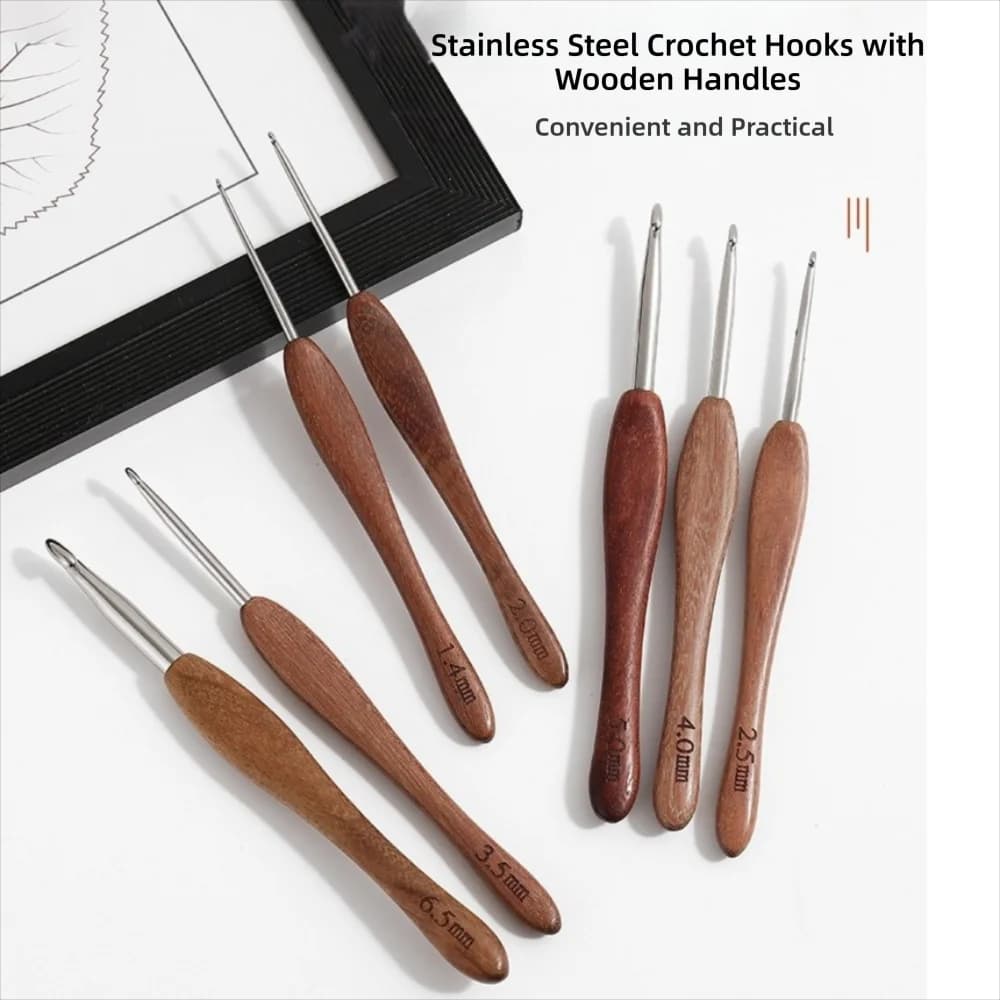 Durable 2.0-6.0MM Crochet Hook Sandalwood Handle Handmade Crafts Fine Hook Head Stainless Steel Crochet Hook Doll Weaving Tool