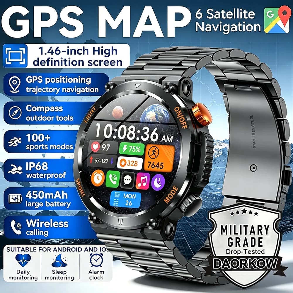 2026 New Smart Watches For Men with LED Flashlight Compass with 450mAh Battery 100+Sports Modes Heart Rate 3ATM Waterproof