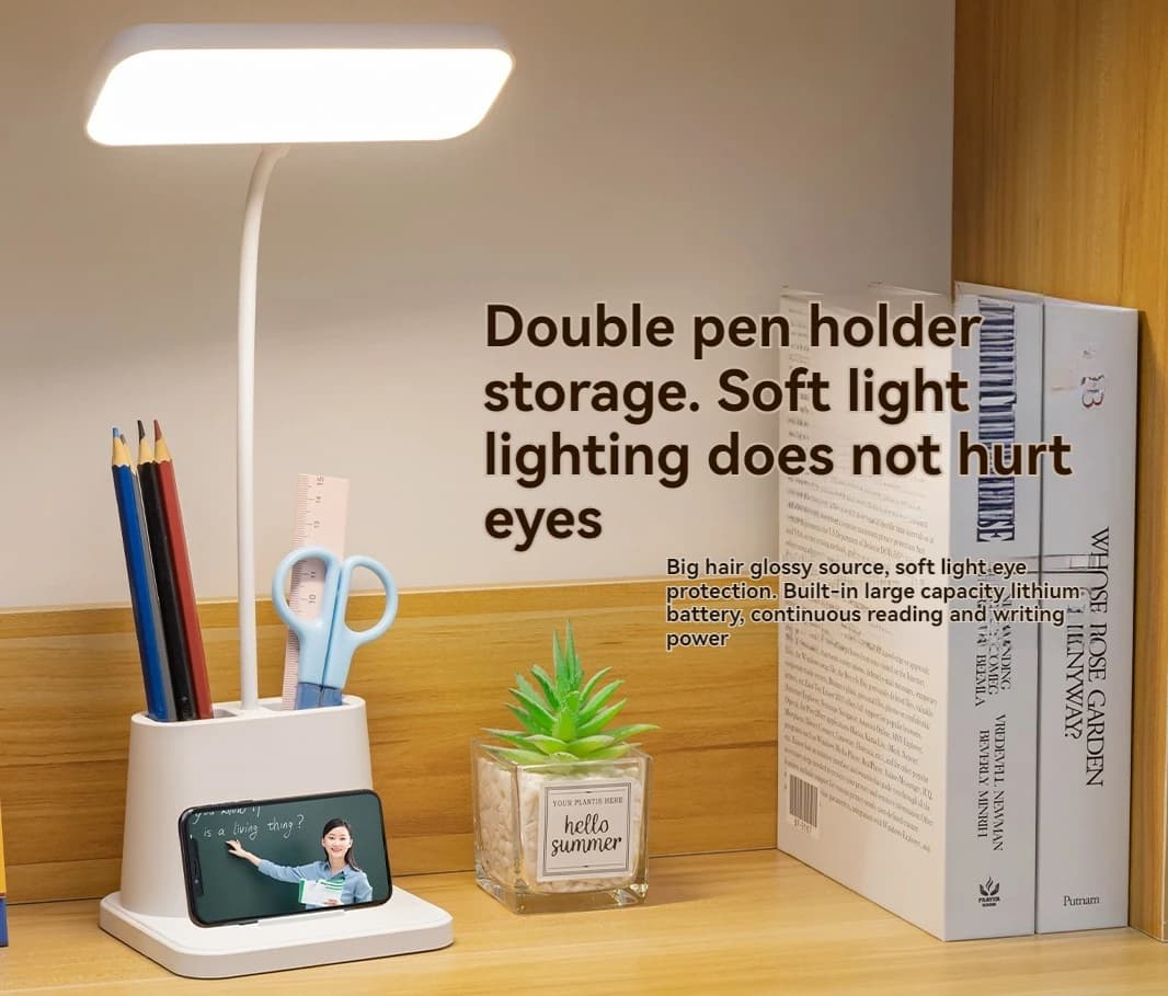 Study Desk Lamp with Pen Storage, LED Dimmable Reading Light & Night Light for Homework, Student Dorm Essentials