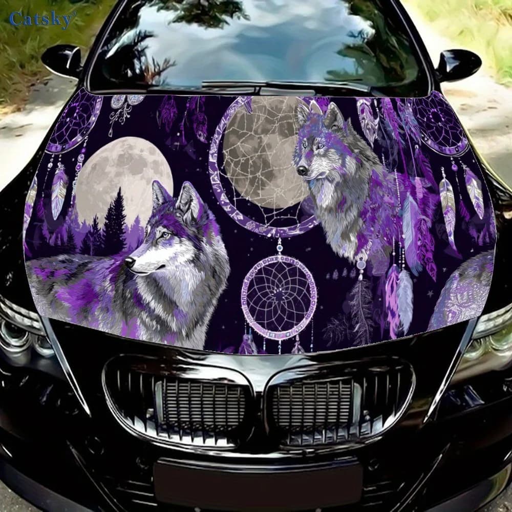 Purple Wolf and Purple Dream Catcher Car Hood Sticker, Personalized & Trendy Auto Art Decal, Self-adhesive Waterproof Car Exteri