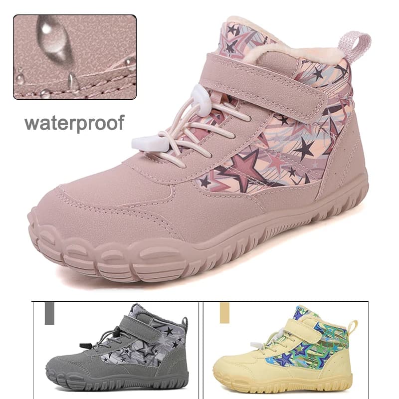 2025 Stivali da neve per bambini a piedi nudi Punta larga Scarpe invernali foderate in pelliccia impermeabili isolate per le ragazze dei ragazzi Scarpe da ginnastica da esterno per la stagione fredda
