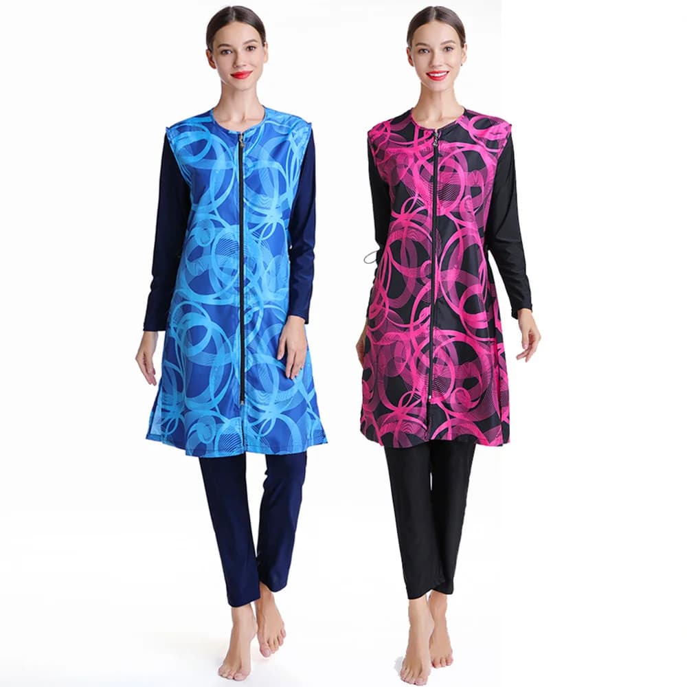 Muslim Islamic Arab Bath Costumes Women's Clothing Large Swimwear Three Piece Swimwear Beach Dress with Zipper Preserver with Hood