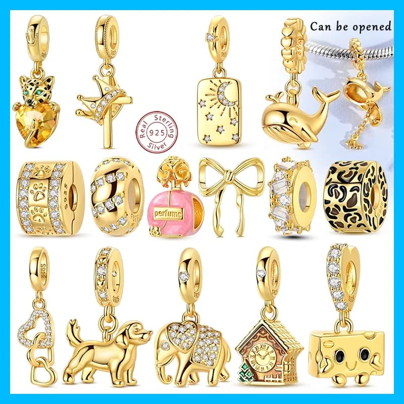 Gold Charms 925 Silver 925 Silver Tree of Life Cat Cross Beads Pendant Fit DIY Original Bracelet Women Jewelry Gift Making