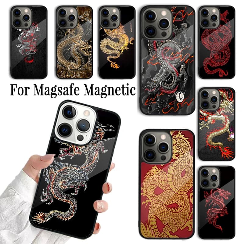 Cover per iPhone con Drago Cinese Asiatico per iPhone 17 AIR 16 15 14 13 12 11 Pro Max Plus, Custodia Magnetica Wireless Magsafe