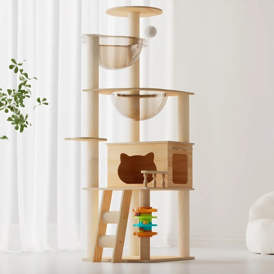 Torre per Gatti Moderna da 59 Pollici in Legno, Albero per Gatti da Interno con Tiragraffi Rivestiti in Sisal e Postazione Superiore, Cuccia per Gatti