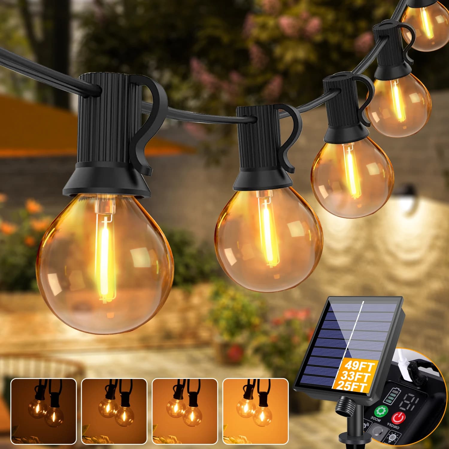 Luci a corda solari Luci a sospensione a luce solare alimentate a energia solare G40 in vetro ambrato a LED impermeabili per esterni per bistrot da cortile