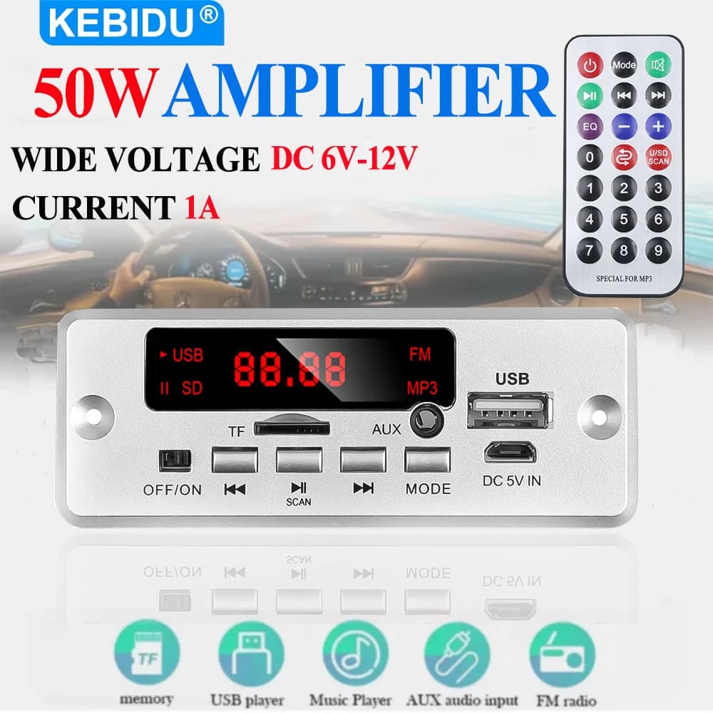 Scheda Decoder MP3 WMA Bluetooth KEBIDU 50W, Modulo Audio per Auto con USB, TF, Radio FM e Chiamate Vivavoce per Altoparlanti