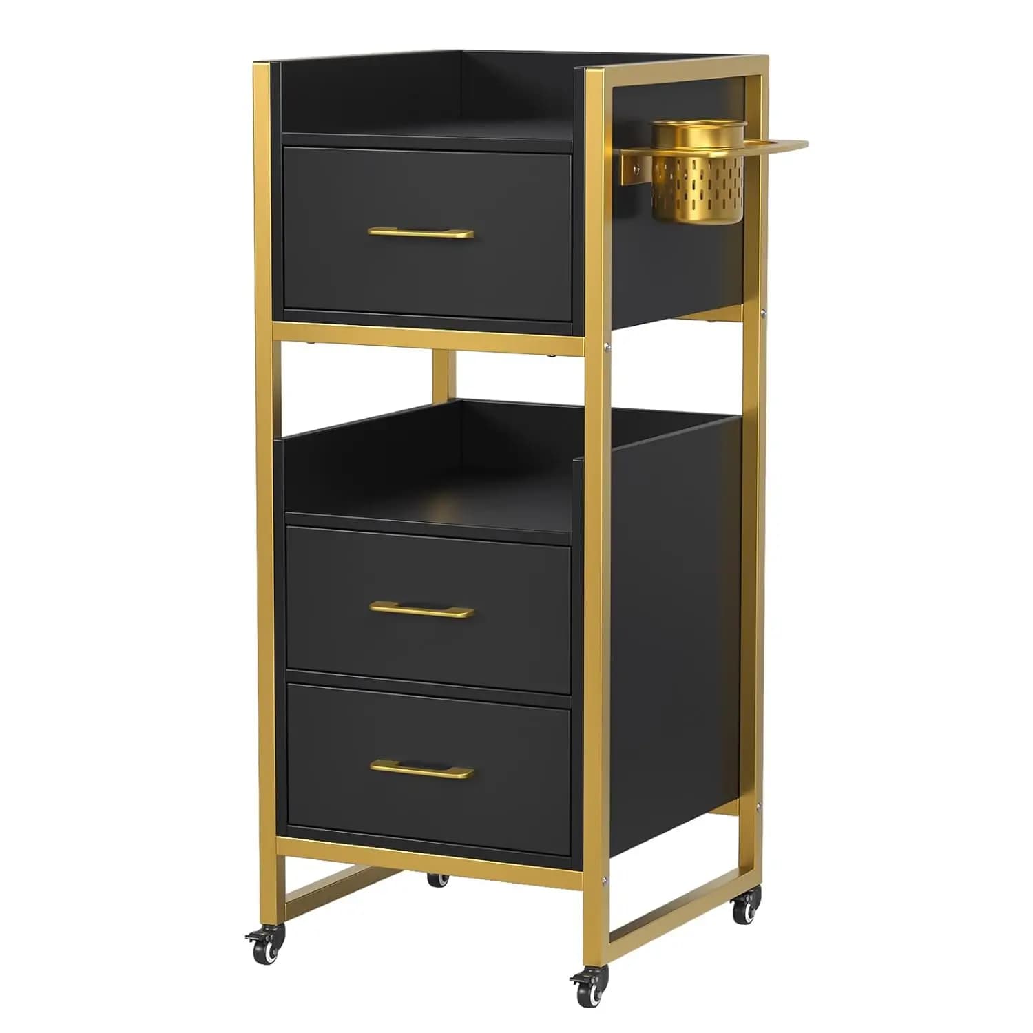 Carrello da Salone, Postazione per Parrucchieri con 3 Cassetti, 2 Ripiani Aperti e Porta Utensili, Armadietto Mobile per Barbiere, Personalizzabile