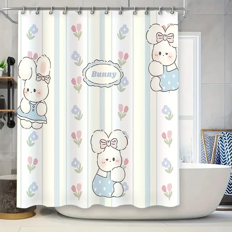 Adorabile tenda da doccia coniglietto, abito blu, design con fiocco, decorazione per il bagno, fiori per un aggiornamento domestico alla moda, impermeabile e durevole