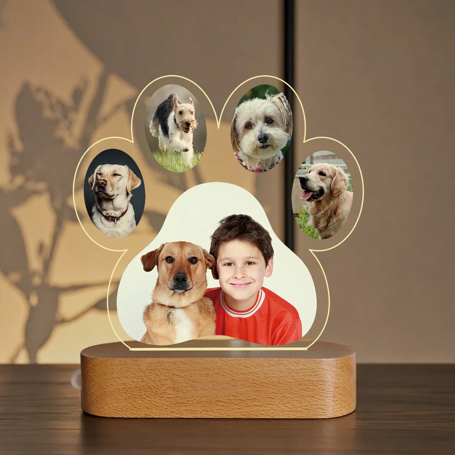 Cornice personalizzata per zampa di cane con luce a LED Cornice multifoto per animali domestici con morbido bagliore caldo Regalo ricordo unico per gli amanti dei cani