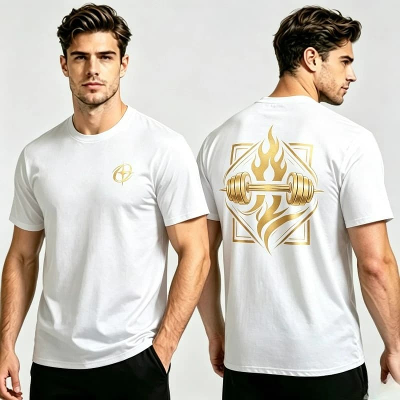 Men Gold Dumbbell Flame Print T-Shirt 100% Cotton Short Sleeve O-Neck Gym Streetwear Male Tee Tops