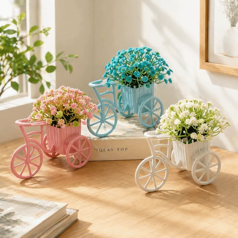 Ornamenti per biciclette in stile country, decorazioni da giardino in miniatura, modelli di tricicli bonsai artificiali in vaso, piante verdi artificiali