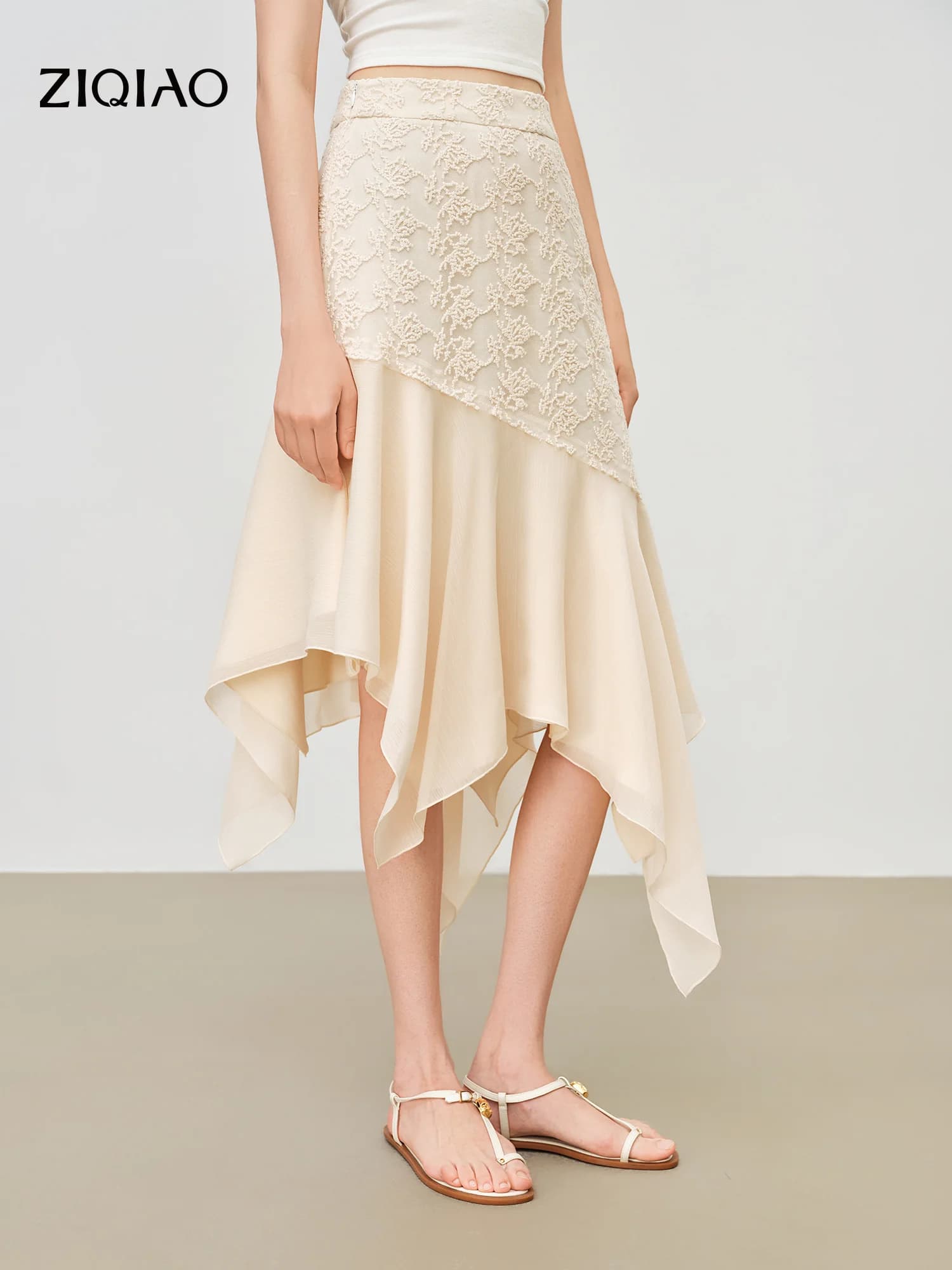 ZIQIAO 2026 Summer Women's Lace Embroidery Paneled Asymmetric Midi Skirt - Chic Artistic Style for Daily and Evening Wear
