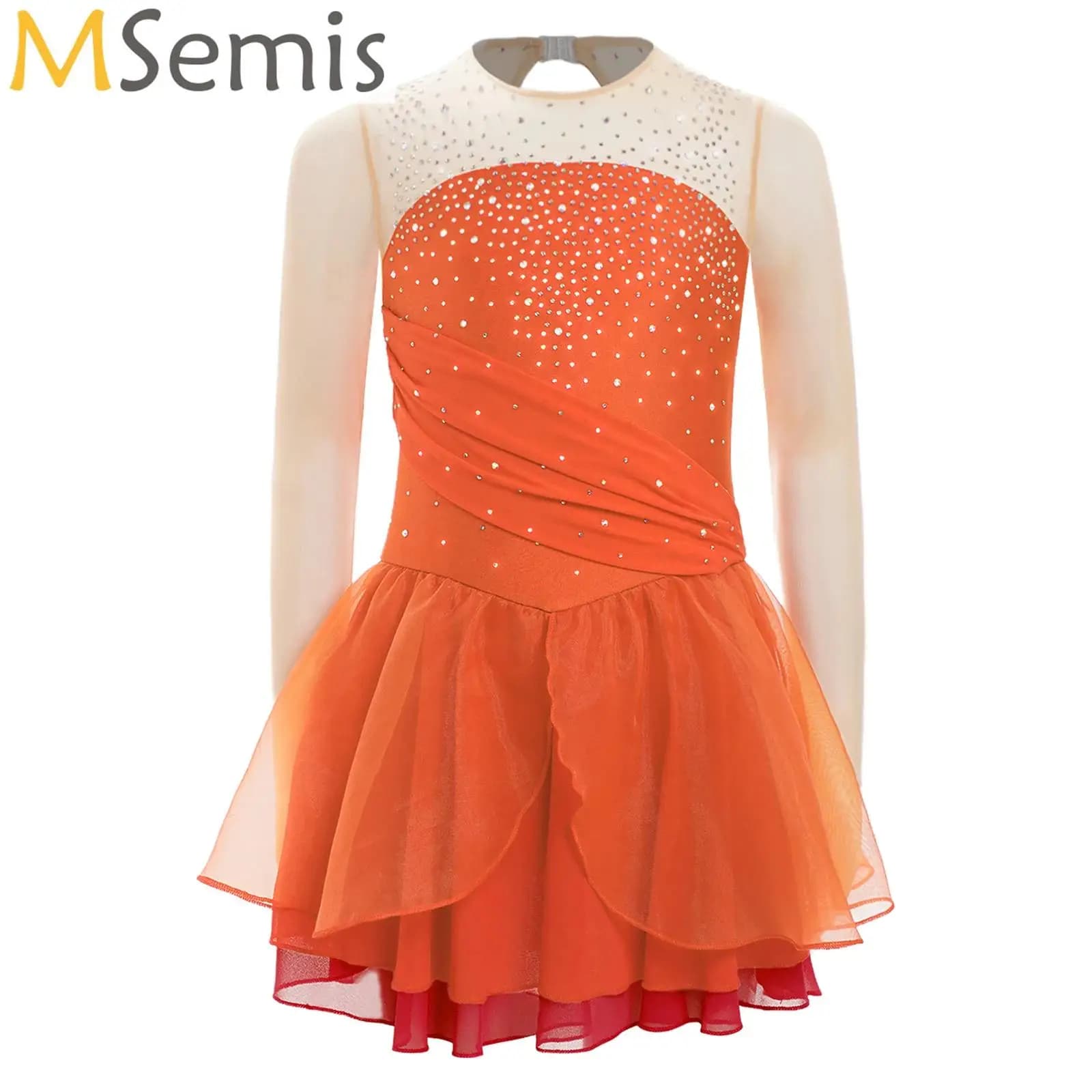 Abito da pattinaggio su ghiaccio per bambine, strass scintillanti, maniche lunghe, sala da ballo, balletto, danza, costume, abbigliamento da spettacolo