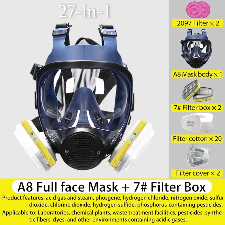 A8 mask, full face mask, gas mask; Widely used in chemical, spraying, dust, and bacterial industries; Prevent toxic acidic gases