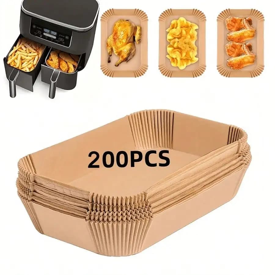 200 pezzi di rivestimenti in carta usa e getta per friggitrice ad aria, rettangolari, accessori da cucina, carta da forno antiaderente per friggitrice ad aria doppia, accessori per friggitrice ad aria, resistenti all'olio e all'acqua, rivestimenti per friggitrice ad aria, carta per friggitrice ad aria, accessori per friggitrice ad aria.