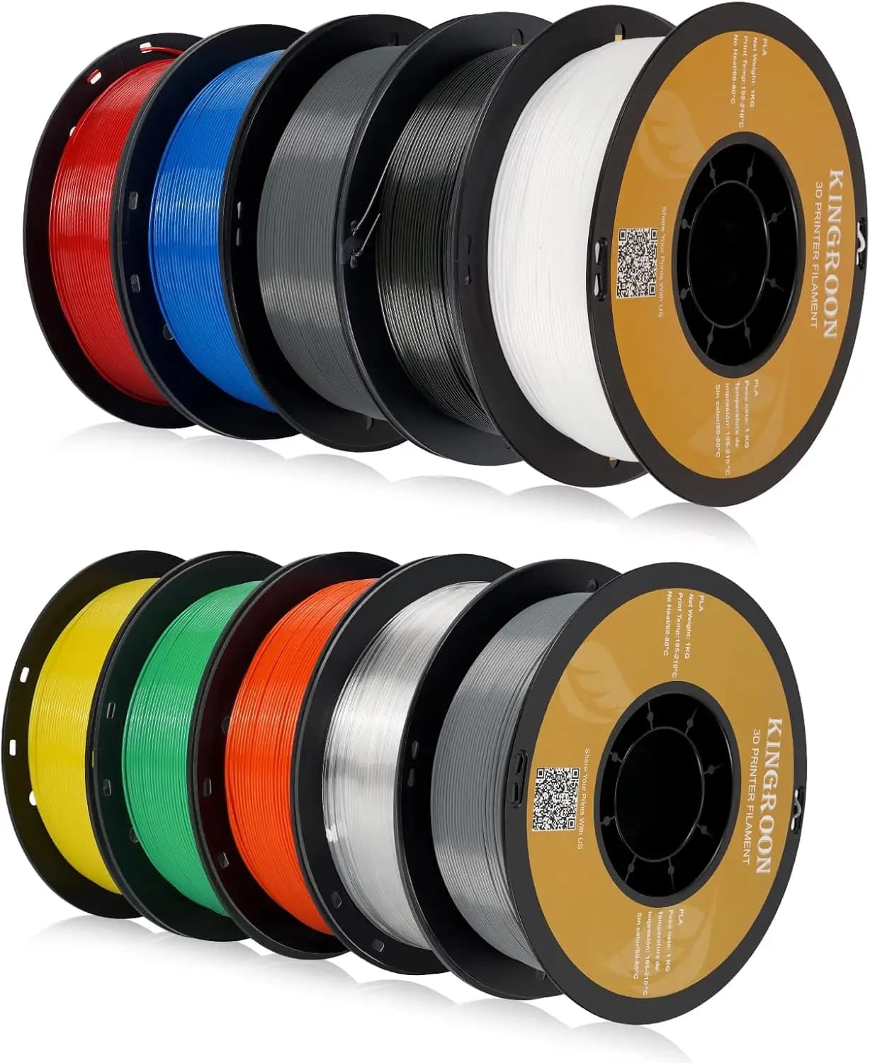 Kingroon PLA 3D Printer Filament, 10 Rolls, Dimensional Accuracy +/- 0.02 mm, 1kg Spool(2.2lbs), 1.75 mm，10KG Ten Colors Black W