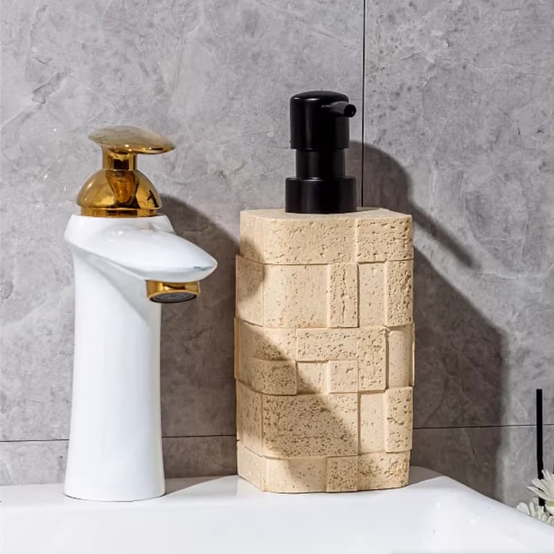 Dispenser di Sapone in Arenaria, Accessori per il Bagno, Bottiglia per Shampoo, Contenitore, Bottiglia Decorativa per Lozione con Effetto Legno e Pelle